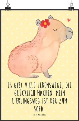 Produktbild von Mr. & Mrs. Panda Bild Capybara Blume DIN A2 - Gelb Pastell - Geschenk, Wandbild, Lustige Sprüche, wanddeko, Kunstdruck, drucke, Deko