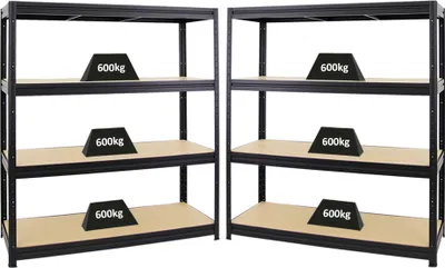 Produktbild von Mega Deal | 2x Schwerlastregal DINO | HxBxT 180x160x60cm | 4 MDF-Platten-Ebenen 6,5 mm | Fachlast 600kg | Schwarz