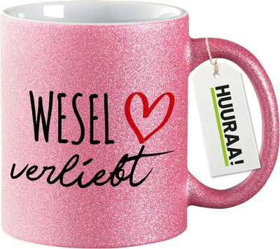 Produktbild von Huuraa Glitzertasse Wesel verliebt 330ml Pink Keramik Kaffeebecher Geschenkidee