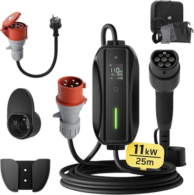 Image de Chargeur pour véhicule électrique, type 2, 11 kW, triphasé, avec câble de 25 mètres. Borne de recharge mobile avec puissance réglable