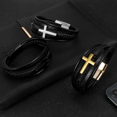 Immagine prodotto di Bracciale in pelle intrecciata con croce nera, 21 cm