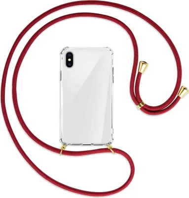 Produktbild von Handykette Backcover-Schutzhülle mit Band (Metall goldfarben) für Apple iPhone X / XS / 10 - dunkelrot