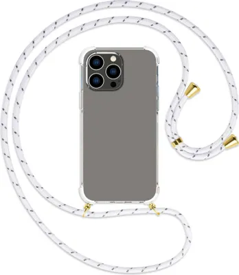 Produktbild von Handykette Backcover-Schutzhülle mit Band (Metall goldfarben) für Apple iPhone 14 Pro Max (6.7'') - weiß/grau