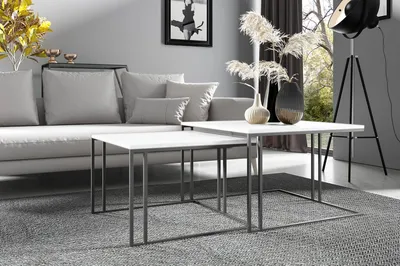 Obrázek produktu pro Konferenční stolek 75 cm Dalia - stolek do obývacího pokoje, konferenční stolek, sada 2 odkládacích stolků - loftový styl - bílý
