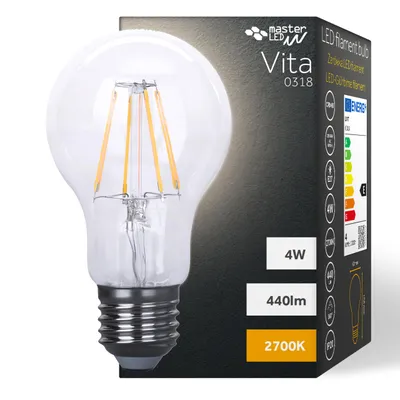 A product shot of an LED filament light bulb and its packaging.