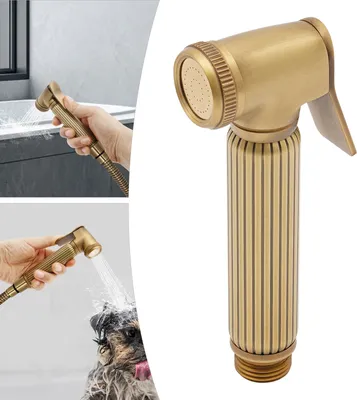 Collage showing a handheld bidet sprayer being used in different scenarios.