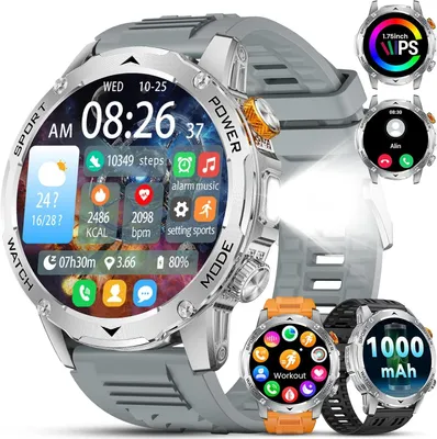 Smartwatch Herren Militär mit 1000mAh Akku, 1,75" HD Display, LED Taschenlampe, Bluetooth Anrufe, 130+ Sportmodi, Herzfrequenz,Schlafmonitor,IP68