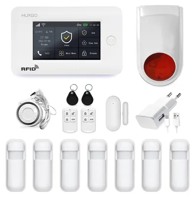 Immagine prodotto di HUXGO HXA006 Sistema di allarme wireless con 7 rilevatori di movimento + sirena wireless aggiuntiva, Due moduli: WLAN + GSM TUYA Applicazione intelligente Notifiche via SMS Controllo via telefono Lingua TEDESCO
