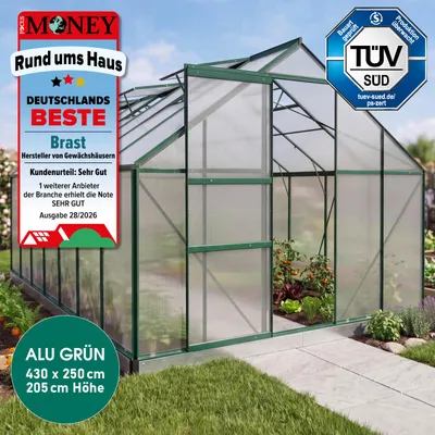 Produktbild von BRAST Gewächshaus Aluminium mit Fundament | 430x250x205cm | 6mm Hohlkammerplatten | rostfrei wetterfest temperaturbeständig | Grün