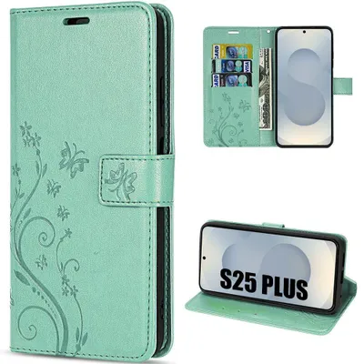 Image de Coque pour Samsung Galaxy S25 Plus (S25+) Protection Rabat Anti-Rayures Antichoc Synthécuir Motif Papillon Vert