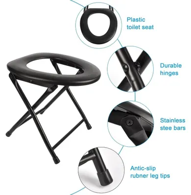 Obrázok produktu pre Prenosná toaleta na kemping – skladacia núdzová toaleta – plastová – vhodná na kemping, do auta a na cesty – univerzálna – čierna