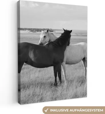 Produktbild von MuchoWow® - Leinwandbilder - Pferde - Tiere - Porträt - Schwarz-Weiß - Landleben, Wandbild, Wanddeko Bilder Wohnzimmer, 90x120 cm