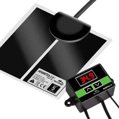 A heating mat and its thermostat controller are shown against a white background.