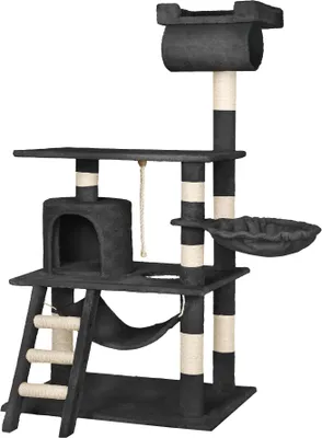 A multi-level cat tree with various platforms, a hammock, a hideaway house, and scratching posts, all on a white background.