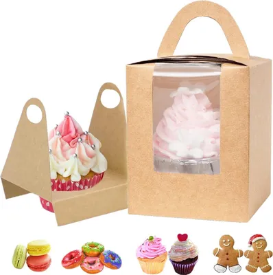 Produktbild von 30 Stück individuelle Cupcake-Boxen mit Fenster Kraft Einweg-Cupcake-Boxen mit Griff Cupcake-Träger Backgeschenkboxen Muffinboxen für Babypartys Hochzeiten Geburtstagsfeiern (braun) - Partyartikel