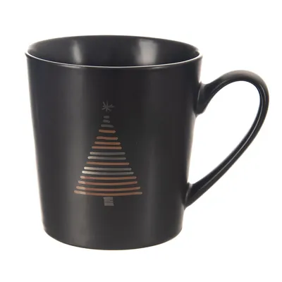 Image de Mug en porcelaine noir mat avec motif sapin de Noël, passe au micro-ondes