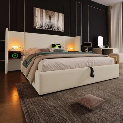 Image de Lit rembourré hydraulique 160 x 200 cm avec table de chevet et fonction de rangement, lit double avec espace de rangement, lit à sommier tapissé avec lampe de lecture, velours, beige (sans matelas)