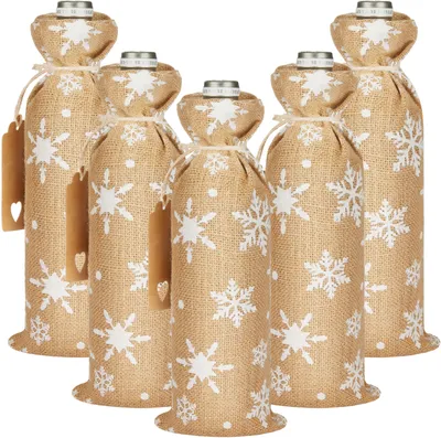 Obrázok produktu pre BRUBAKER Vianočné vrecko na víno - snehové vločky biele - 36 cm x 17 cm jutové vrecko - vrecko na víno, sekt, šampanské - vrecko na fľašu, 5 kusov