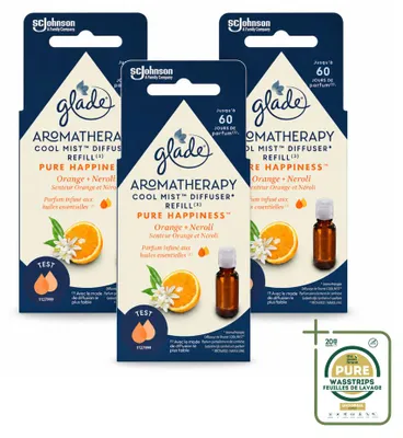 Imagen del producto de 3 unidades de recambio de aceite esencial Glade Aromatherapy, fragancia "Pure Happiness", con notas de naranja y neroli, de 17,4 ml cada una. Paquete ahorro