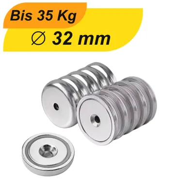Produktbild von Neodym Topfmagnet mit Senkbohrung Ø 32 mm – Haltekraft ca. 35 kg – Gewinde M5 – Beschichtung: NiCuNi-8 Stück