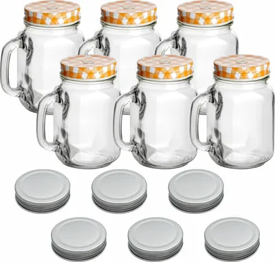 Produktbild von gouveo 6er Set Trinkgläser 450 ml mit Deckel orange, silberfarben - Trinkglas mit Henkel und Drehverschluss - Henkelgläser mit Deckel