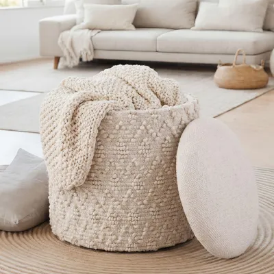 Produktbild von WOHNLING Sitzhocker mit Stauraum aus Wolle 40cm Creme Rund Design Boho Stoffhocker mit abnehmbarem Deckel Polsterhocker Hocker Beistellhocker Handmade
