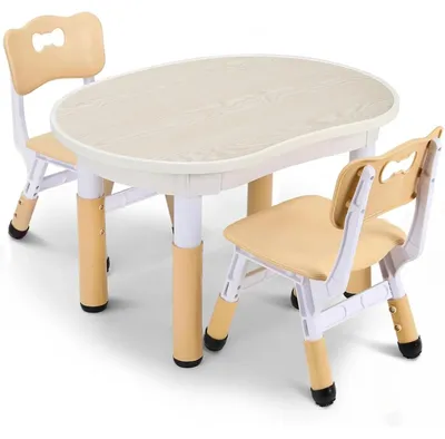 Image de Table pour enfants avec 2 chaises - Ensemble de meubles pour enfants - Table de jeu à hauteur réglable - Table en plastique ronde - 80x60x40–60 cm - Jaune