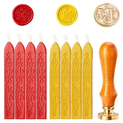 Productafbeelding van Waskristalstempelset, koperen stempel (2,5 cm), houten handvat, 8 waskristallen voor brieven