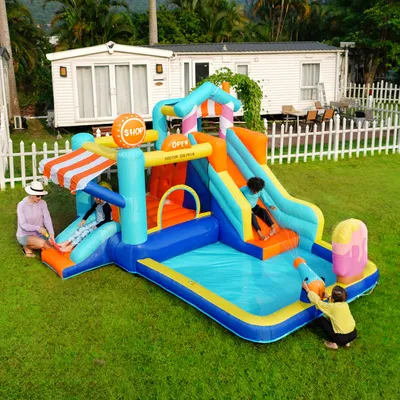 Produktbild von Merax multifunktionale Kinder-Hüpfburg mit 450W Gebläse – Outdoor-Wasserpark + Trampolin, Doppelrutschen, Springbrunnen, Kletterwand, Wasserpistolen