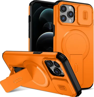 Immagine prodotto di Custodia magnetica per iPhone 12 Pro Max, custodia resistente a due strati con protezione scorrevole della fotocamera e supporto regolabile Arancione
