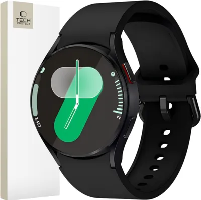 A black smartwatch is displayed next to its packaging.