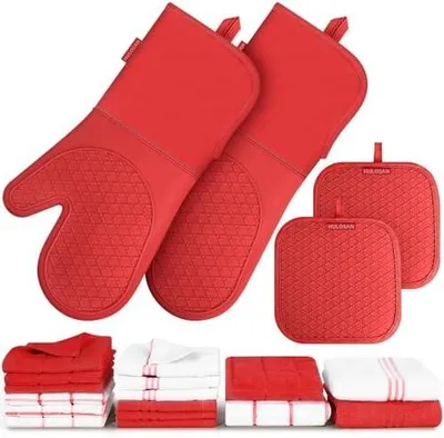 Produktbild von Silikon-Ofenhandschuhe und Topflappen mit Küchentüchern aus 100 % Baumwolle, weich und saugfähig, hitzebeständig