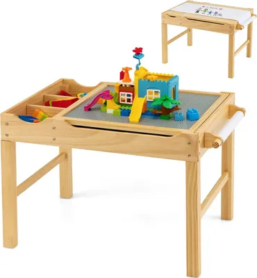 Produktbild von Kindertisch, multifunktionaler Aktivitätstisch aus Kiefernholz für Kinder, Spieltisch mit Stauraum, Papierrolle & umkehrbarer Tischplatte, Bausteintisch zum Basteln, Lesen, Spielen (Natur)