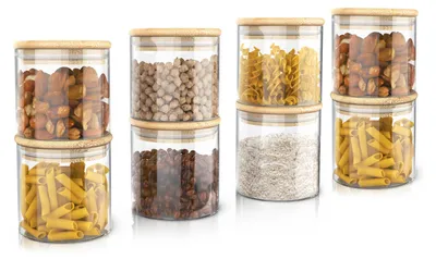Immagine prodotto di Arendo barattoli per la conservazione, set di barattoli in vetro 8x 0,75 litri in vetro borosilicato con coperchio in bambù, ermetici, set di 8, resistenti al calore, ecologici, durevoli, adatti al microonde