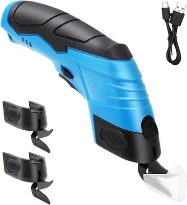 Produktbild von Elektrische Schere Teppichschneider - Kabellose Schere für Stoff/Leder/Teppich/Karton - 2 austauschbare Klingen - Blau