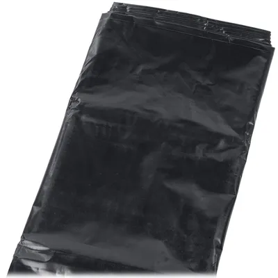 A stack of black plastic sheeting is shown against a white background.