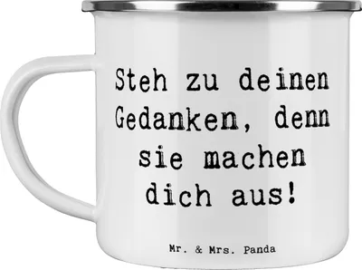 Produktbild von Mr. & Mrs. Panda Teetasse Spruch Mutig zu seinen Meinungen stehen - Weiß - Geschenk, deine Gedanken machen dich aus, Pott, Zuversicht, Emaille Becher, Ermutigung, Haferl