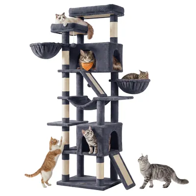 Produktbild von FEANDREA Kratzbaum XXL für Große Katzen mit 7 Ruhezonen und Sisal 55 x 45 x 205 cm Dunkelgrau