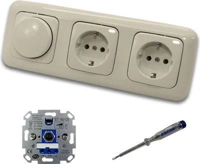 Produktbild von REV Ritter LED Drehdimmer Dimmer + Busch Jäger Dimmerscheibe 2115-212 und 2 x Steckdose Kinderschutz 20EUCKS-212 in DURO2000 cremeweiß glänzend + EBROM Phasenprüfer zur Montage der Geräte ET1 66012B