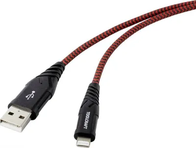 Produktbild von TOOLCRAFT USB-Kabel USB 2.0 USB-A Stecker, Apple Lightning Stecker 1.00 m Schwarz-Rot Extrem robuste Geflechtschirmung