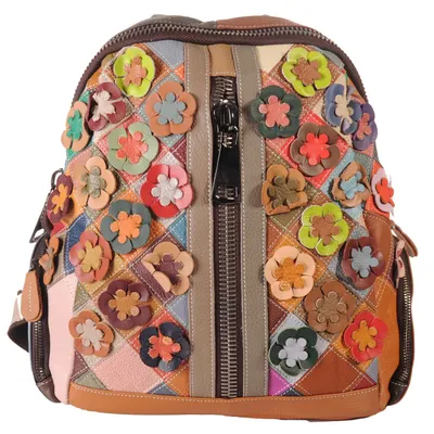 Produktbild von Handgefertigter City Backpack Pachwork Rucksack Blumen Leder bunt 30674