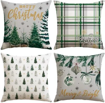 Produktbild von Unyqoos® Set mit 4 Weihnachts-Kissenhüllen aus Polyester-Leinen – dekorative Kissenbezüge für Sofa & Wohnzimmer