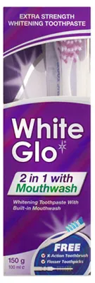 Imagen del producto de White Glo: Pasta dental blanqueadora 2 en 1 con enjuague bucal, 150 g + cepillo de dientes