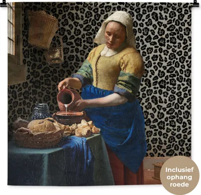 Produktbild von MuchoWow® Wandteppich Wandbehang Milchmädchen - Kunst - Pantherdruck - Vermeer - Gemälde - Alte Meister 90x90 cm Tapisserie Dekoration Wandtuch - Wandaufhänger