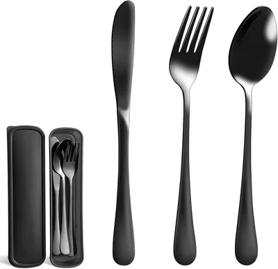 Produktbild von Campingbesteckset 3-teilig, Edelstahl, Spülmaschinenfest, Für Outdoor, Schwarz