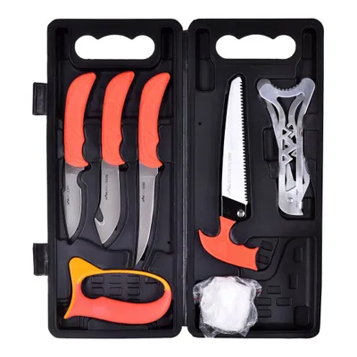 A set of hunting knives and a saw in a black carrying case.