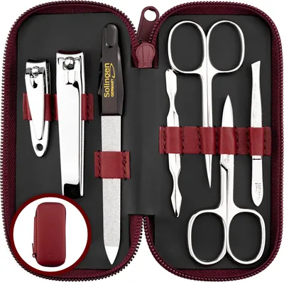 Immagine prodotto di Set per manicure Solingen - Vincitore del confronto con un ottimo rapporto qualità-prezzo - Astuccio in vera pelle, maneggevole e morbido - Set per unghie da 7 pezzi in acciaio nichelato lucido