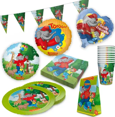 Produktbild von Benjamin Blümchen Partyset 61-tlg – Teller, Becher, Servietten, Ballons & Tüten