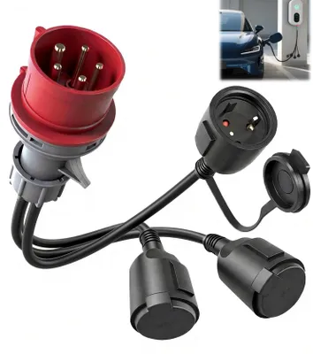CEE Adapter 400V auf 230V, 16A, 3x Schuko, Campingkabel, IP44