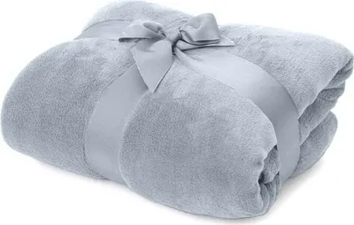 A light blue blanket is rolled up and tied with a ribbon and bow.